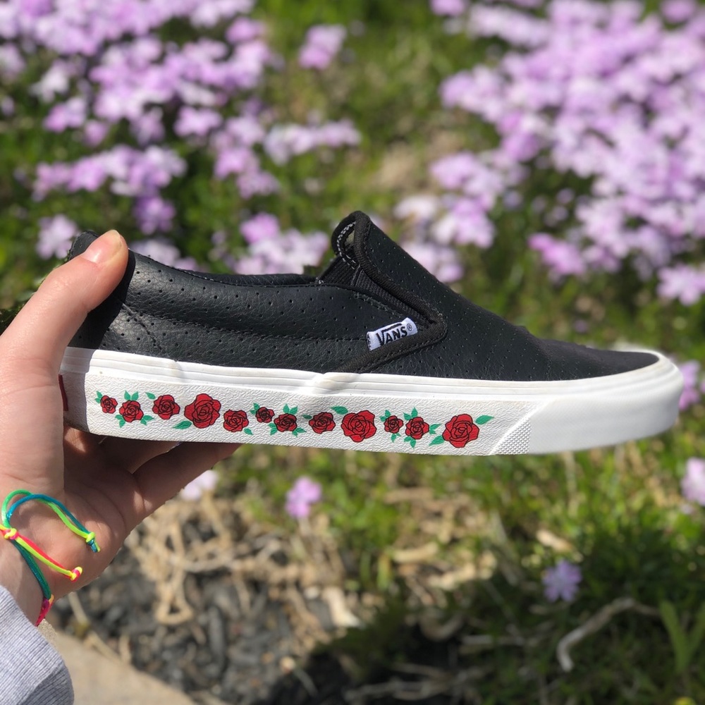 Custom rose leather slip on vans